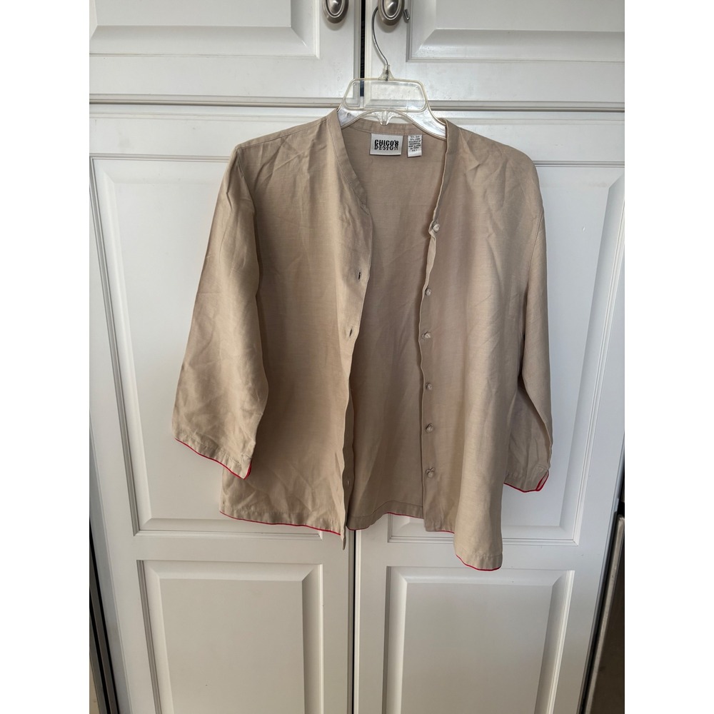 Chicos Design Silk Linen Jacket Tan Red Trim Knot Button‎ Size 1 Womens M